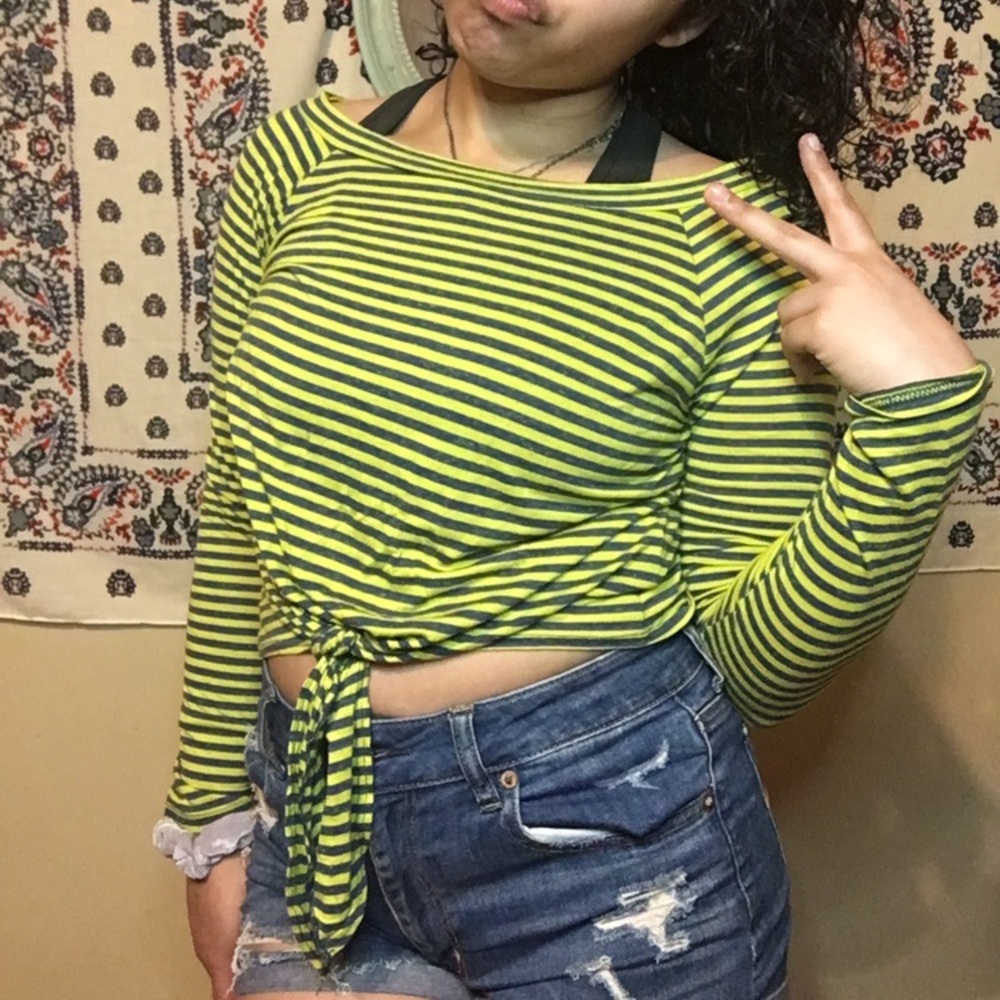 neon striped long sleeve tie up top